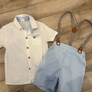 White Shirt and Light Blue Shorts Set with Suspenders